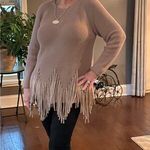 Chico's Beige Knit Sweater with Fringe